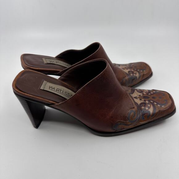 Matisse Paisley Square Toe Slide On High Heels Womens 6M Brown Leather Mules - Picture 5 of 11